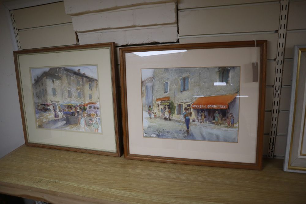 Margaret Milnes (1908-1998), two watercolours, Mercerie Bonneterie and Market at Albi, one signed and dated 87, 31 x 39cm